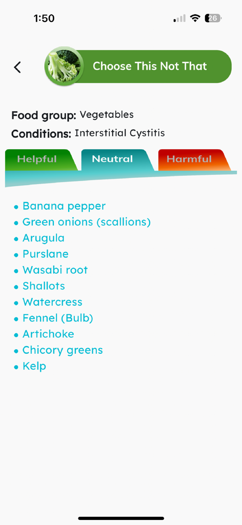 Bildschirm der mobilen App mit einer Liste neutraler Gemüse für das Diätmanagement bei interstitieller Zystitis
