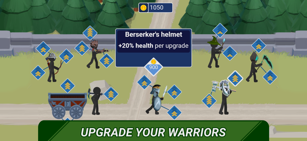 War of Sticks gameplay showing stickman warriors upgrade screen with Berserkers helmet power up