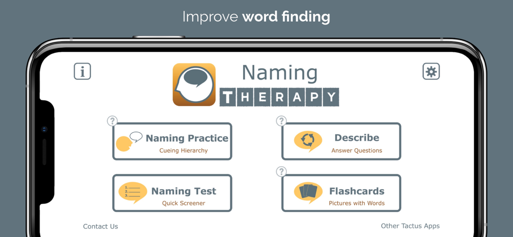 Naming Therapy - Naming Therapy app home screen showing options for Naming Practice Describe Naming Test and Flashcards