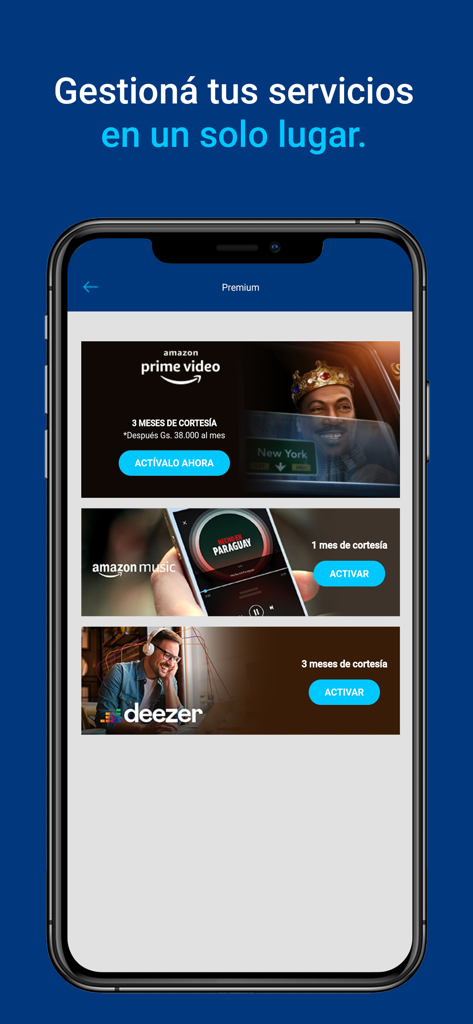 Mi Tigo Paraguay - Mi Tigo Paraguay app interface showing premium service offers for Amazon Prime Video Amazon Music and Deezer