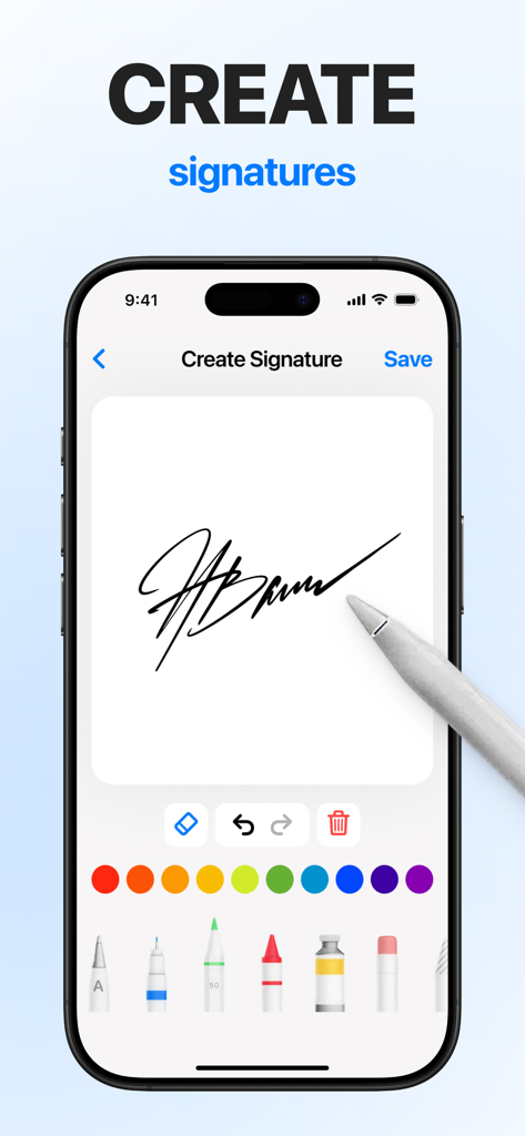 eSign: Fill, Sign Documents - Interfaz de la aplicación de iPhone para crear y guardar una firma digital manuscrita con herramientas de dibujo