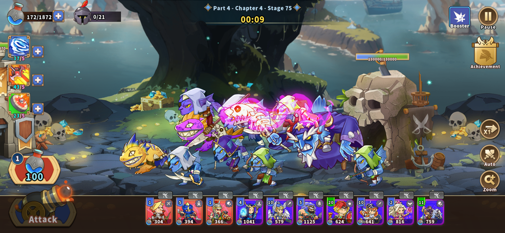 Escena de batalla del juego de Castle War Defense mostrando unidades de héroes y elementos estratégicos