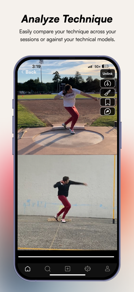 Throws Club - Side-by-side shot put video comparison for technique analysis in the Throws Club app.