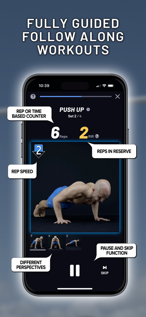 Guided calisthenics workout screen in Cali Move app featuring a push up demonstration and training metrics