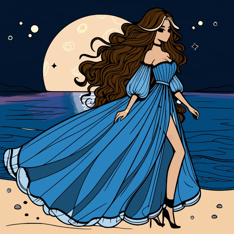 beautiful woman with a vaporous long dress walking on the beach at the noon, detailed art