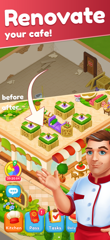 Joy Cafe: Tasty Merge Game - Before and after comparison of a renovated cafe in Joy Cafe Tasty Merge Game