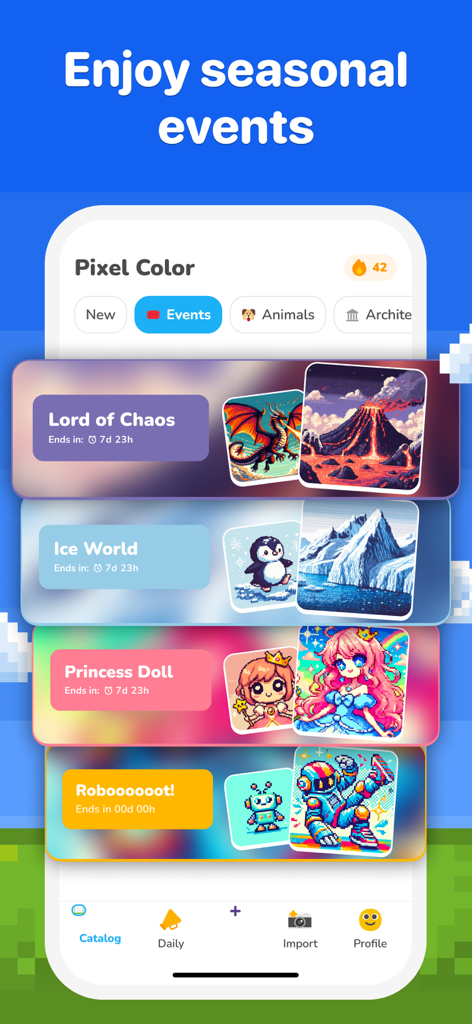 Pixel Color app screen showing seasonal themed coloring events like Lord of Chaos and Ice World