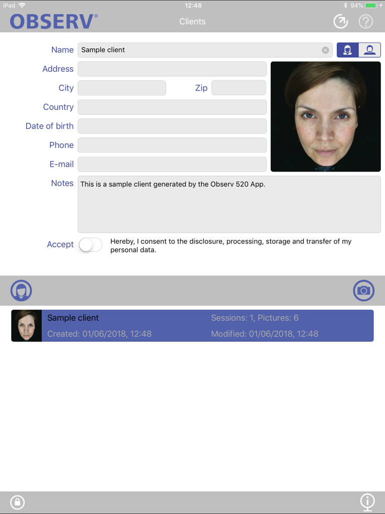 OBSERV 520 - OBSERV 520 app interface for managing client profiles including skin scan photos personal data fields and professional consultation notes