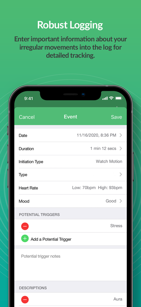 SeizAlarm app interface showing the event logging screen for irregular movements with data on duration heart rate and potential triggers
