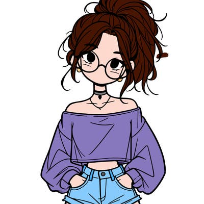 girl with a messy ponytail glasses a baggy crop top and jean shorts