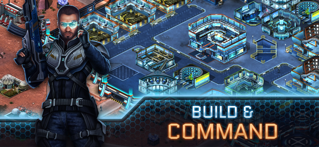A sci-fi hero standing beside a futuristic military base in Operation New Earth with the text Build and Command