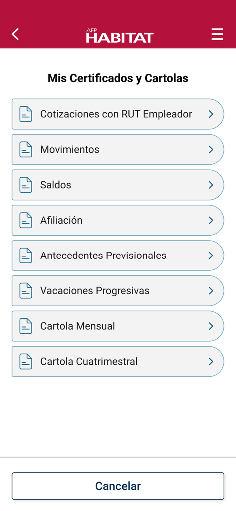 Menú de certificados e informes de pensión disponibles en la aplicación AFP Habitat Chile.