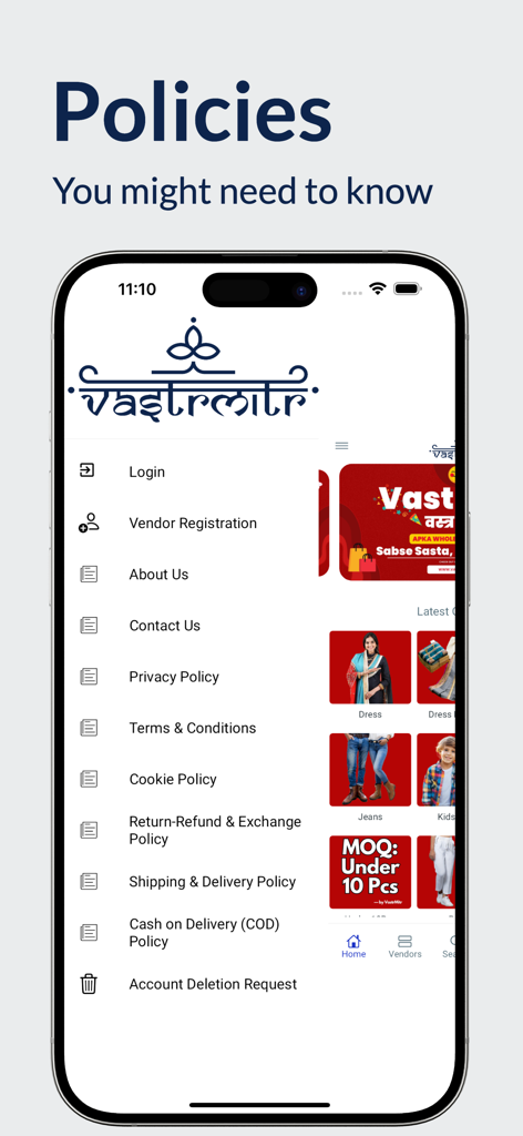 VastrMitr: Bulk, Wholesale App - VastrMitr wholesale app policies menu screen