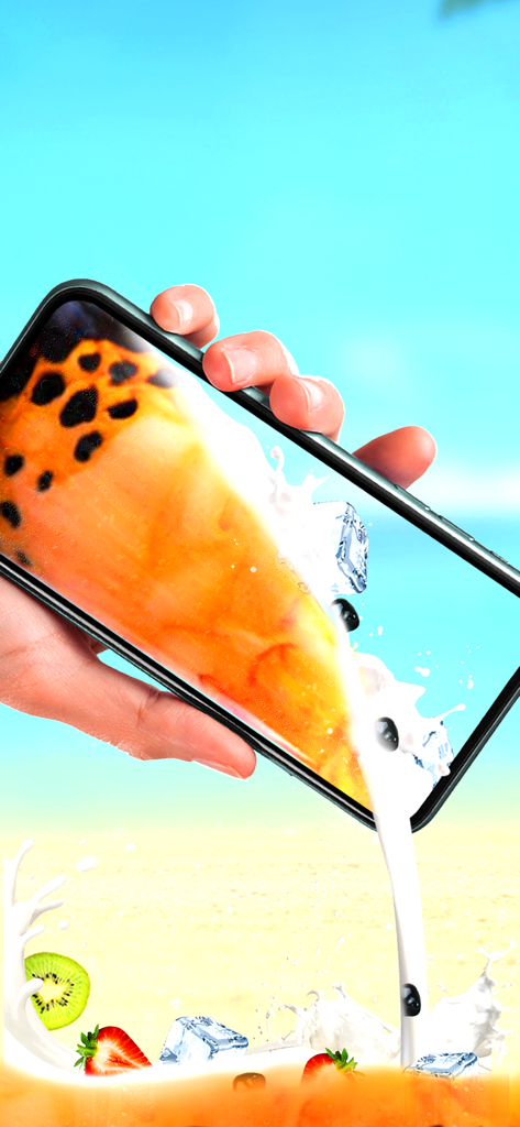 Boba Tale: Bubble Tea Recipe - Hand holding a smartphone simulating pouring bubble tea with boba pearls
