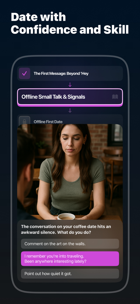 Eden AI: Your Dating Coach - Eden AI app interface featuring an interactive dating scenario to build social confidence.