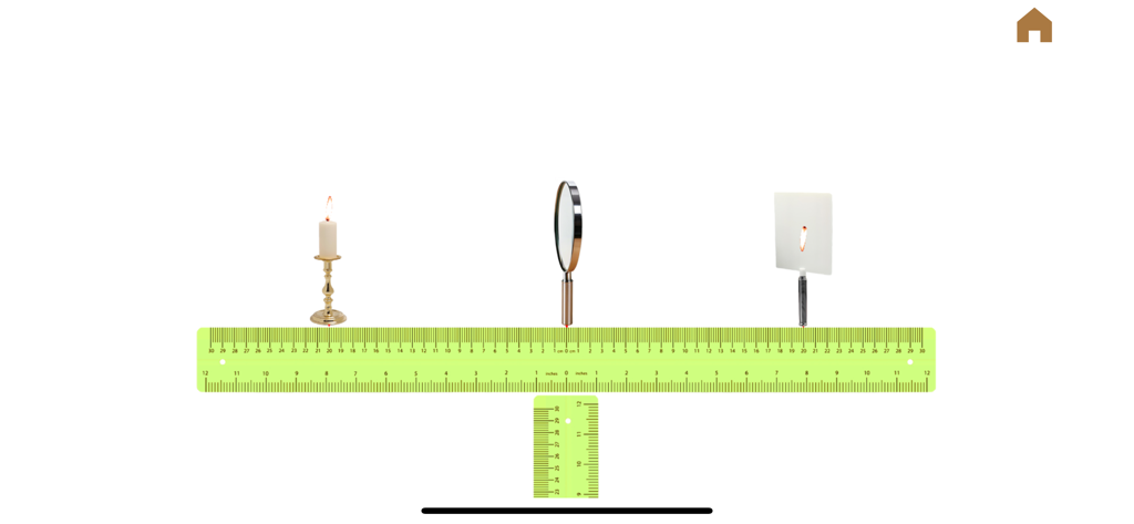 Phys. Lab - Virtual convex lens imaging experiment featuring a candle, lens, and projection screen on a ruler.