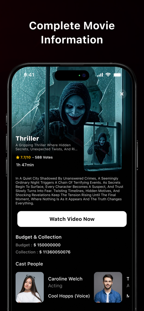 NetMirrorアプリの詳細映画情報ページ。スリラージャンルとキャストを表示。