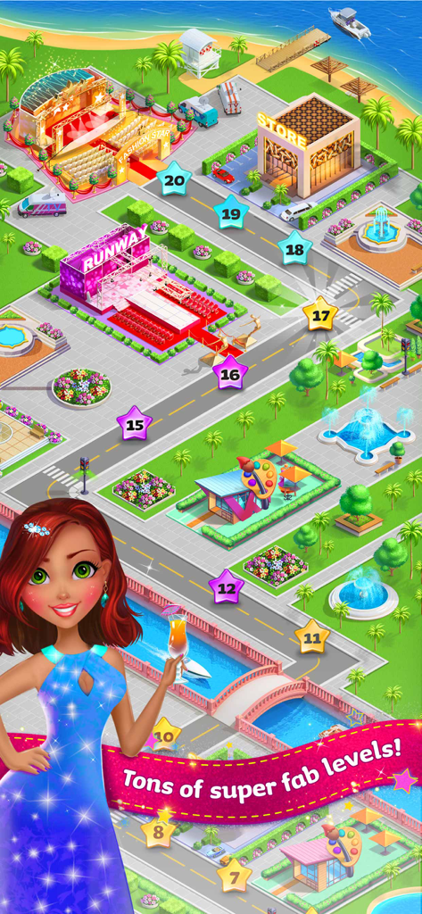 A game level map in Top Model - Next Fashion Star showing numbered stars leading through fashion-themed locations like a runway and store near a beach.