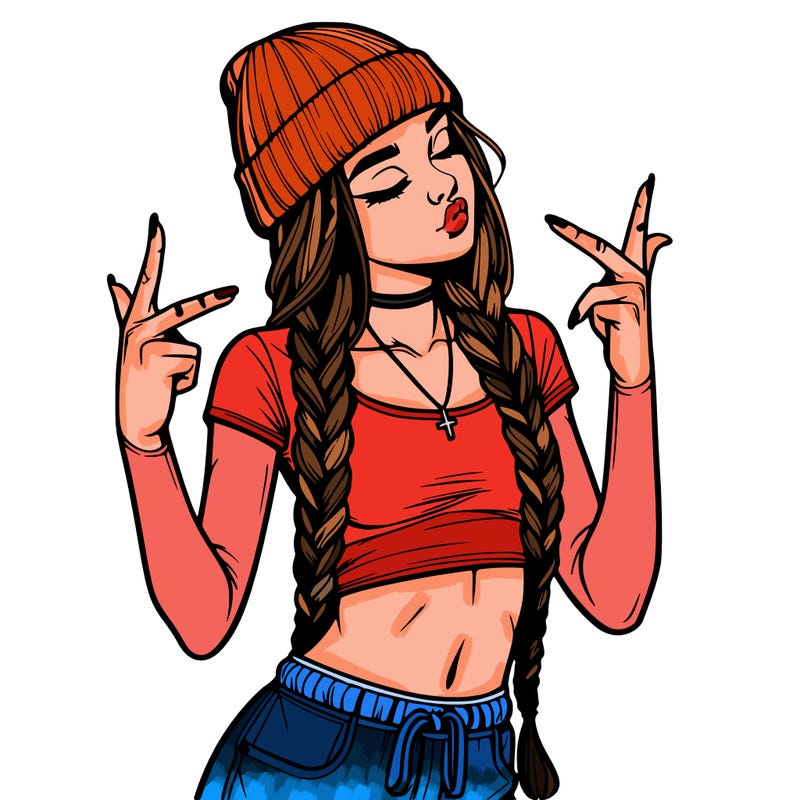 realistic teenage girl with braids and a beanie and crop top doing 🫶🏼