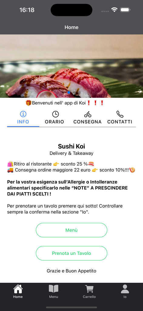 Home screen of the Sushi Koi Eur mobile app featuring sushi photography, delivery information, and buttons for menu and table booking