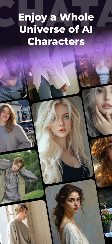 Chata-Fantasy AI Roleplay - A grid of diverse and realistic AI generated character portraits for fantasy roleplay.