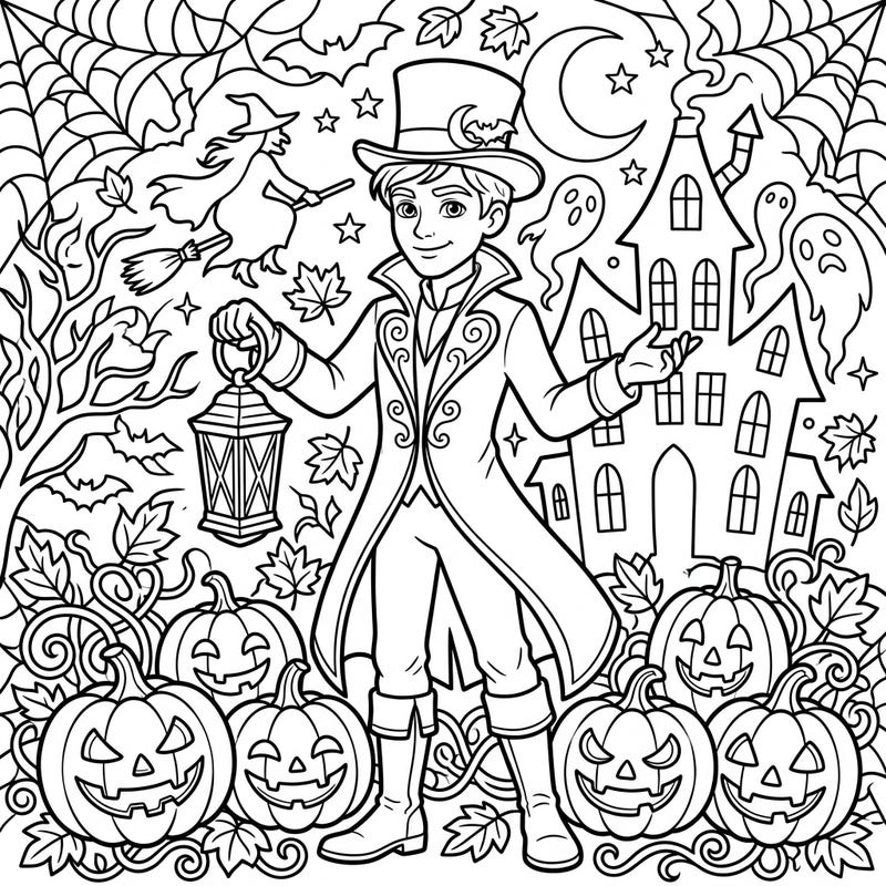 Immerse yourself in the enchanting world of Halloween with this detailed coloring page. A dapper film actor guides you through a spooky scene filled with classic holiday elements, perfect for creative coloring.