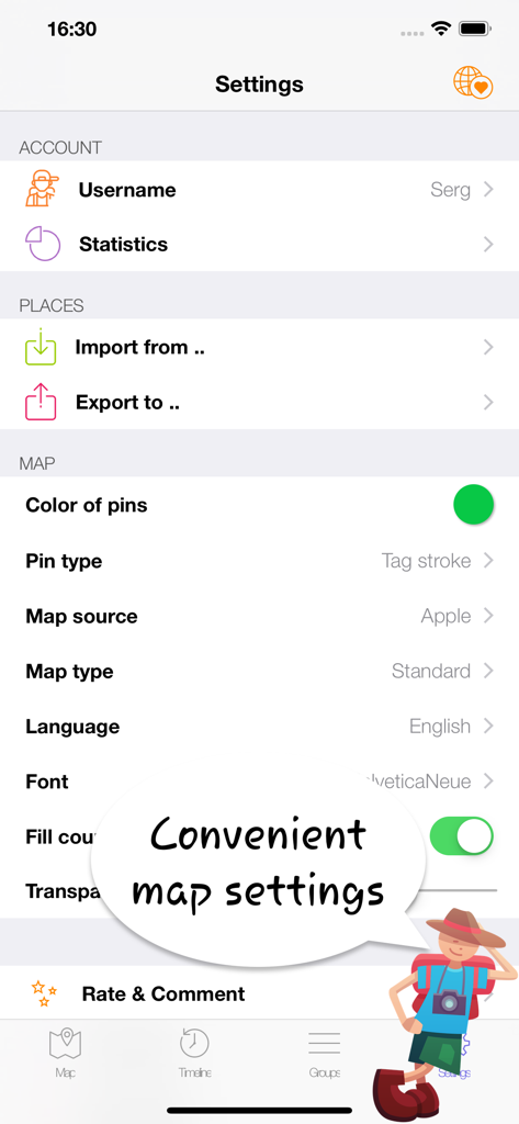 Menu de configurações para personalizar a aparência do mapa e exportar dados de viagem no aplicativo EveryPlace