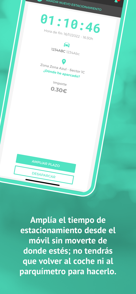 Moviltik mobile app screen showing a parking countdown timer and buttons to extend time or unpark remotely