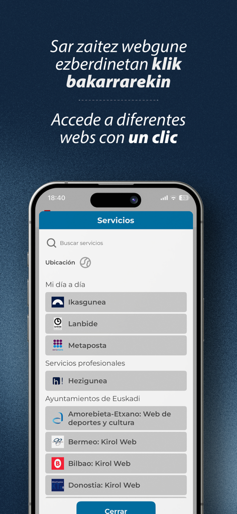 NIK Patrika Digitala - Oberfläche der NIK Patrika Digitala App, die eine Liste baskischer digitaler Regierungsdienste anzeigt, darunter Portale für Gesundheit, Bildung und lokale Räte.