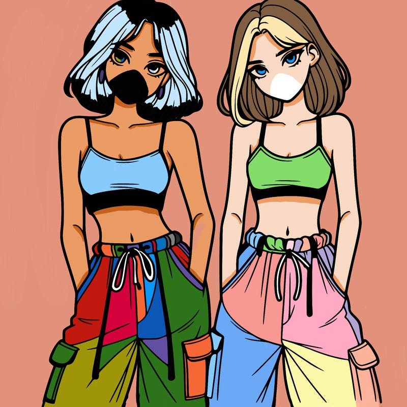 two girls with crop top with baggy pants