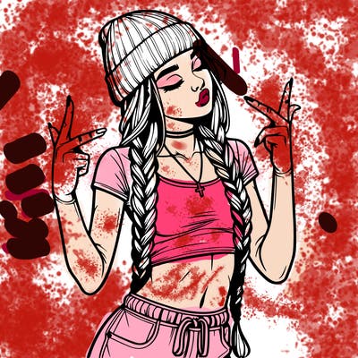 realistic teenage girl with braids and a beanie and crop top doing 🫶🏼