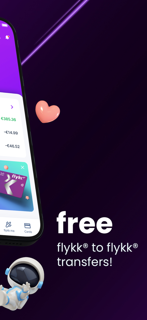 flykk - flykk digital wallet app interface highlighting free peer to peer transfers and virtual card