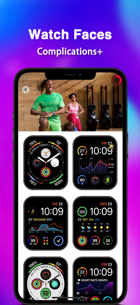 Watch Faces Pro - UltraFace - A smartphone displaying the Watch Faces Pro app interface with various customizable Apple Watch faces featuring health and fitness complications.