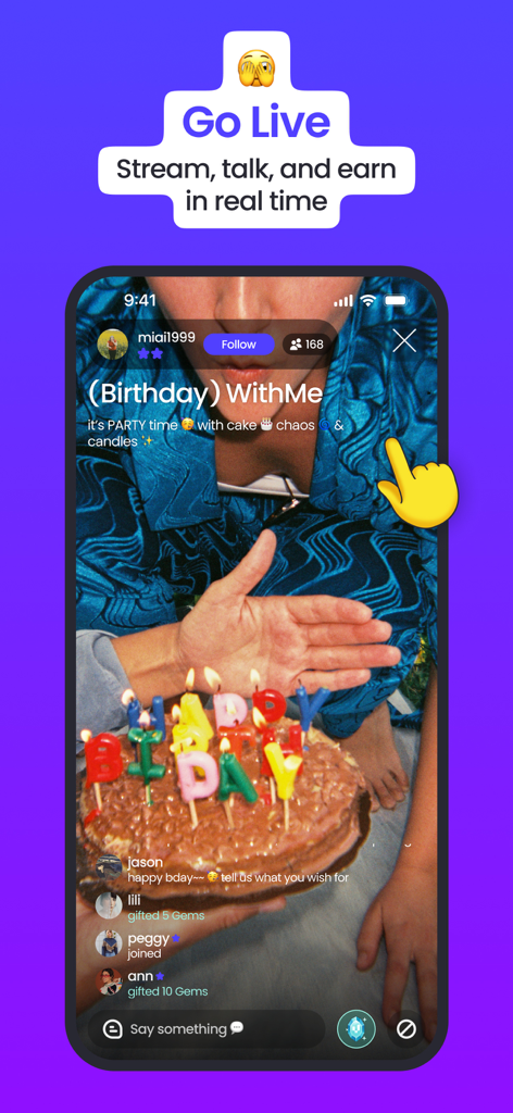 Una pantalla de transmisión en vivo de la aplicación Viberse que muestra una celebración de pastel de cumpleaños con chat en tiempo real y regalos virtuales de gemas.