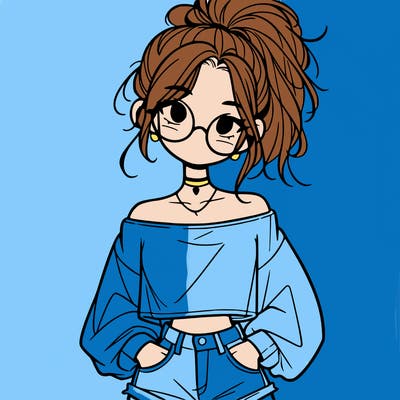 girl with a messy ponytail glasses a baggy crop top and jean shorts