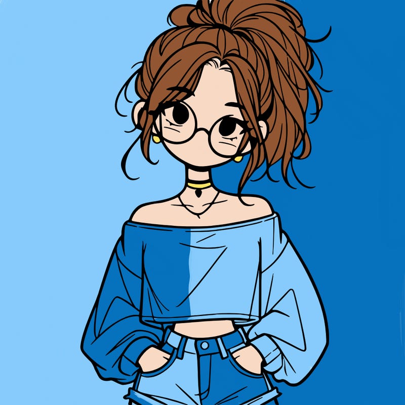 girl with a messy ponytail glasses a baggy crop top and jean shorts