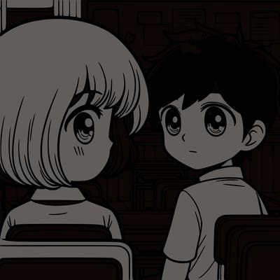 a short haired boy staring at a girl from the other side of the classroom