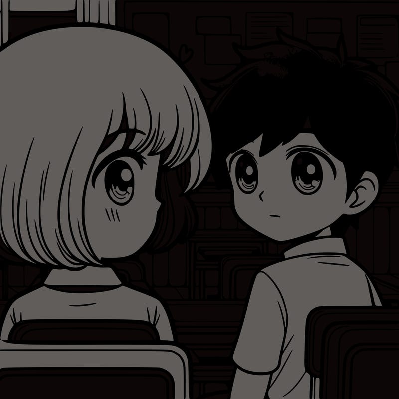 a short haired boy staring at a girl from the other side of the classroom