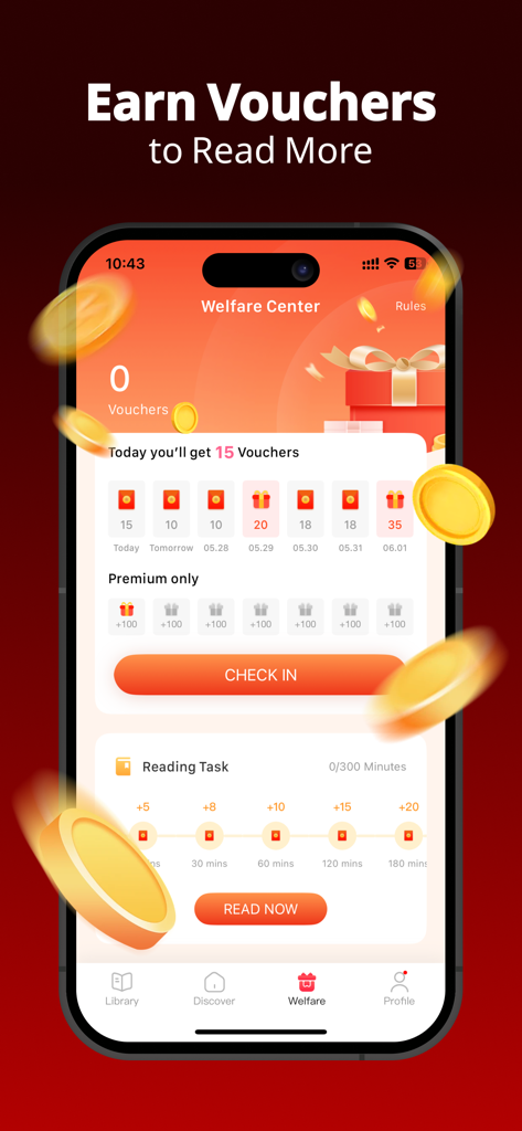 LeReader Welfare Center screen showing daily rewards and vouchers earned by checking in and reading.