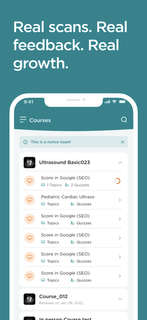 ScanHub by GUSI - A mobile interface for the ScanHub by GUSI app displaying a list of medical ultrasound training courses