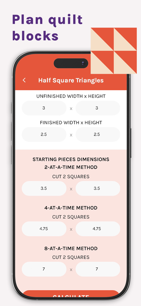 Quilt Geek Quilting Calculator - Half square triangle calculator screen in the Quilt Geek app showing fabric cutting dimensions for different methods