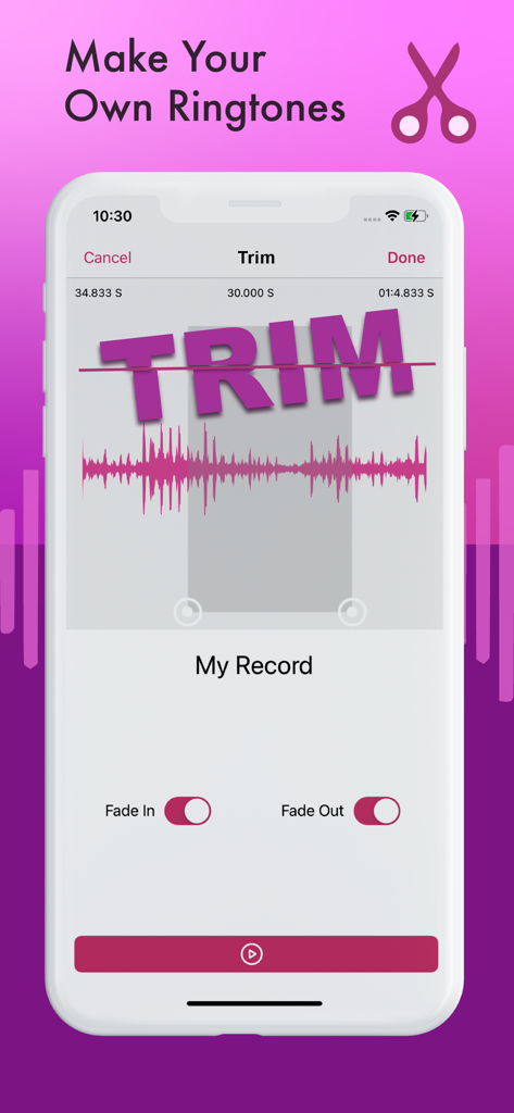 Ringtone Maker . - Interfaz de una aplicación móvil para recortar archivos de audio y crear tonos de llamada personalizados con opciones de fundido de entrada y salida.