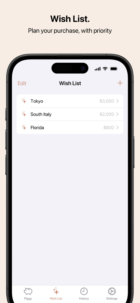 Piggy Bank app wish list screen showing savings goals for Tokyo South Italy and Florida