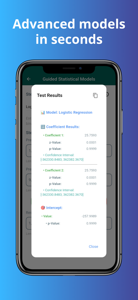 SAPO: AI Statistical assistant - Screenshot of SAPO app showing logistic regression analysis results with coefficient values and p-values on a smartphone screen.