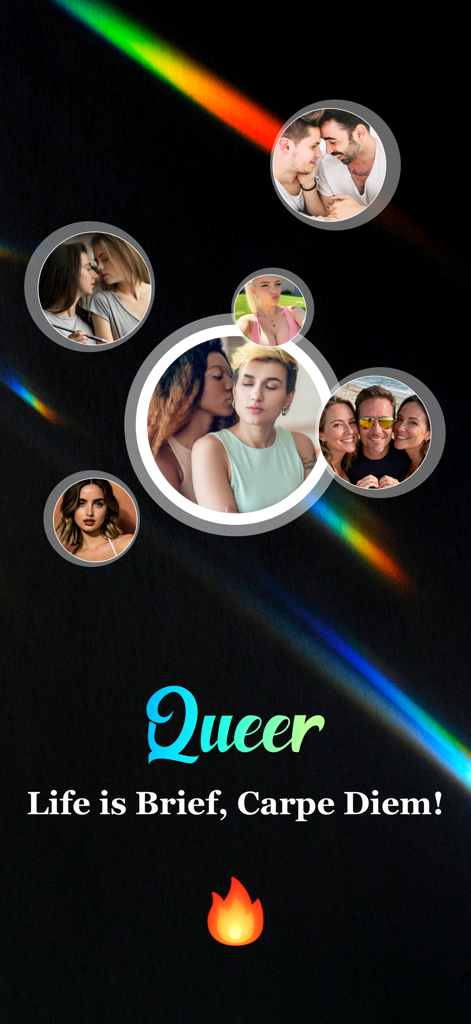 Queer: LGBTQ Chat & Friends - Queer LGBTQチャットアプリの画面。多様なカップルや個人が表示され、「人生は短い、チャンスをつかめ」というスローガンが表示されています。