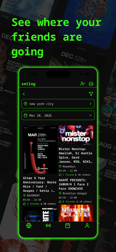 setlog - rave tracker - The setlog app interface showing a list of rave events in New York City with indicators of which friends are attending.