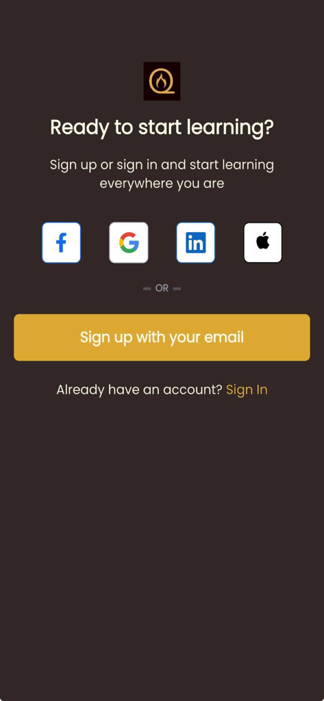 Epiqon - The sign up and login screen of the Epiqon app featuring social login buttons for Facebook, Google, LinkedIn, and Apple plus an email sign up option