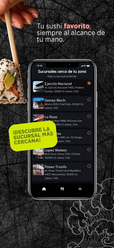 SushiGada - Smartphone screen showing the SushiGada app with a list of restaurant branches and locations