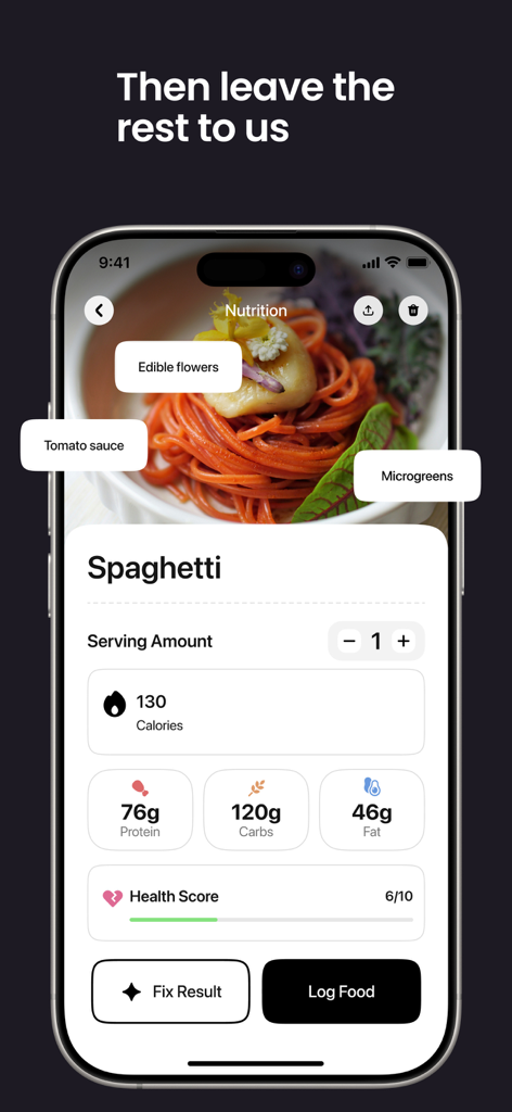 Lean: AI Macro Tracker - iPhone screen displaying the Lean app identifying a spaghetti dish with detailed calorie and macro breakdown using AI technology