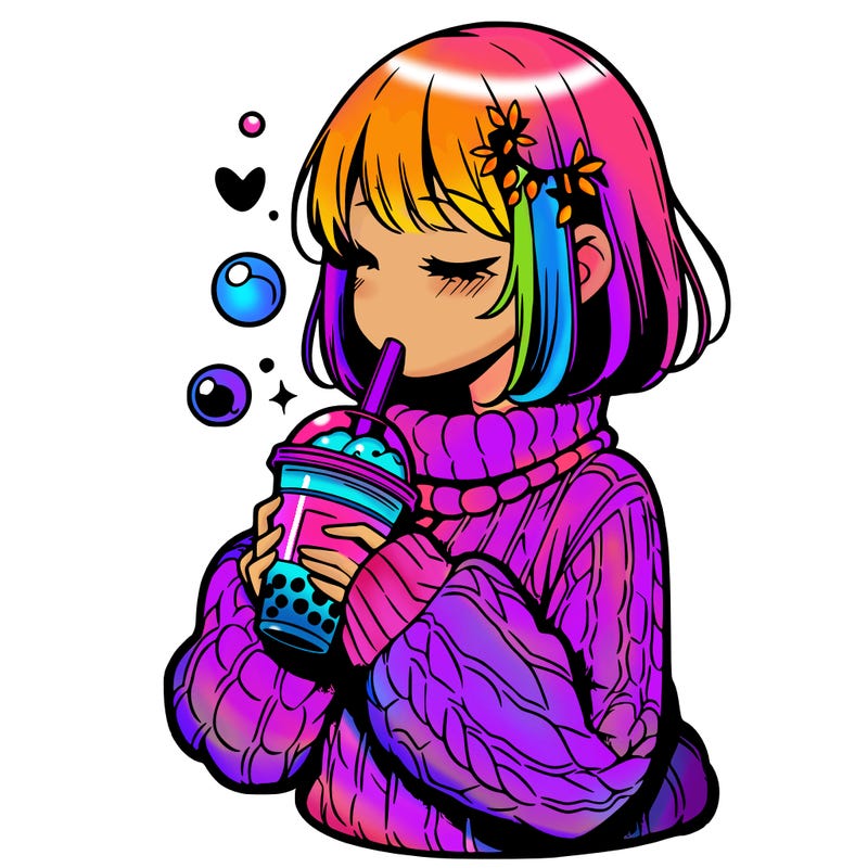 manga girl drinking boba in cozy sweater